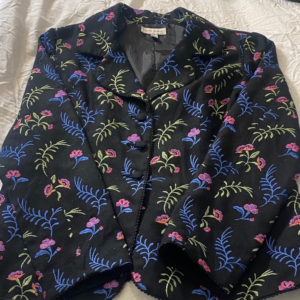 Vibrant Black Blazer with Embroidered Floral Design and Scalloped Finished Hem